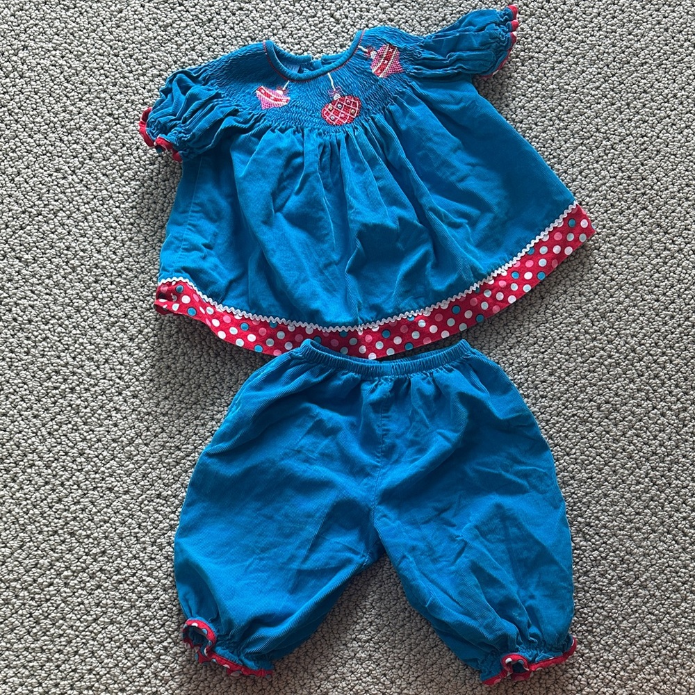 Anavini girls 18m Christmas ornament holiday matching blue corduroy set